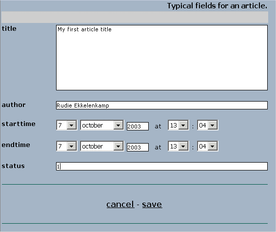 A filled edit wizard form for an article